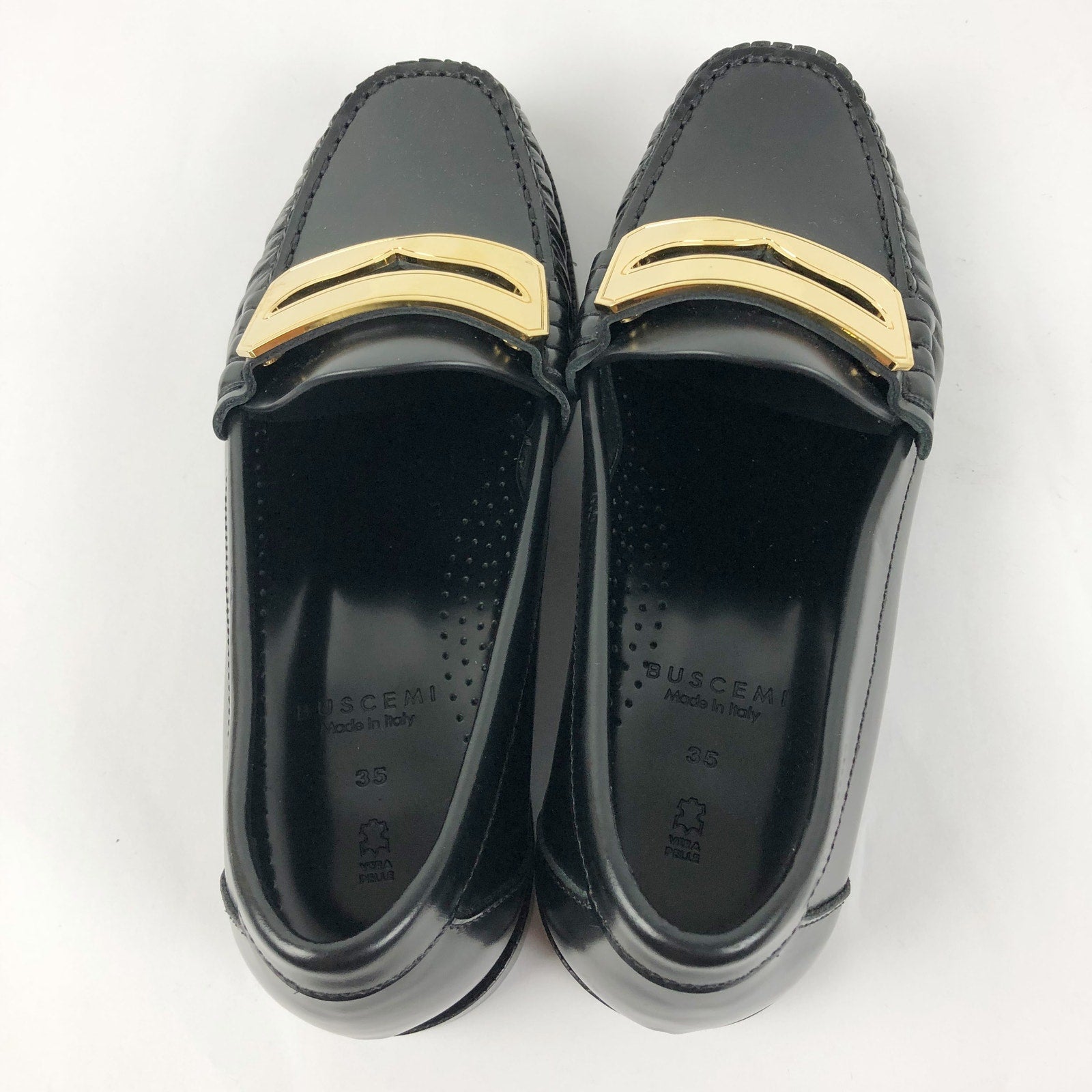 Buscemi Womens Town Loafers EU 35 US 5 Black Leather Gold Made in Italy NWOB
