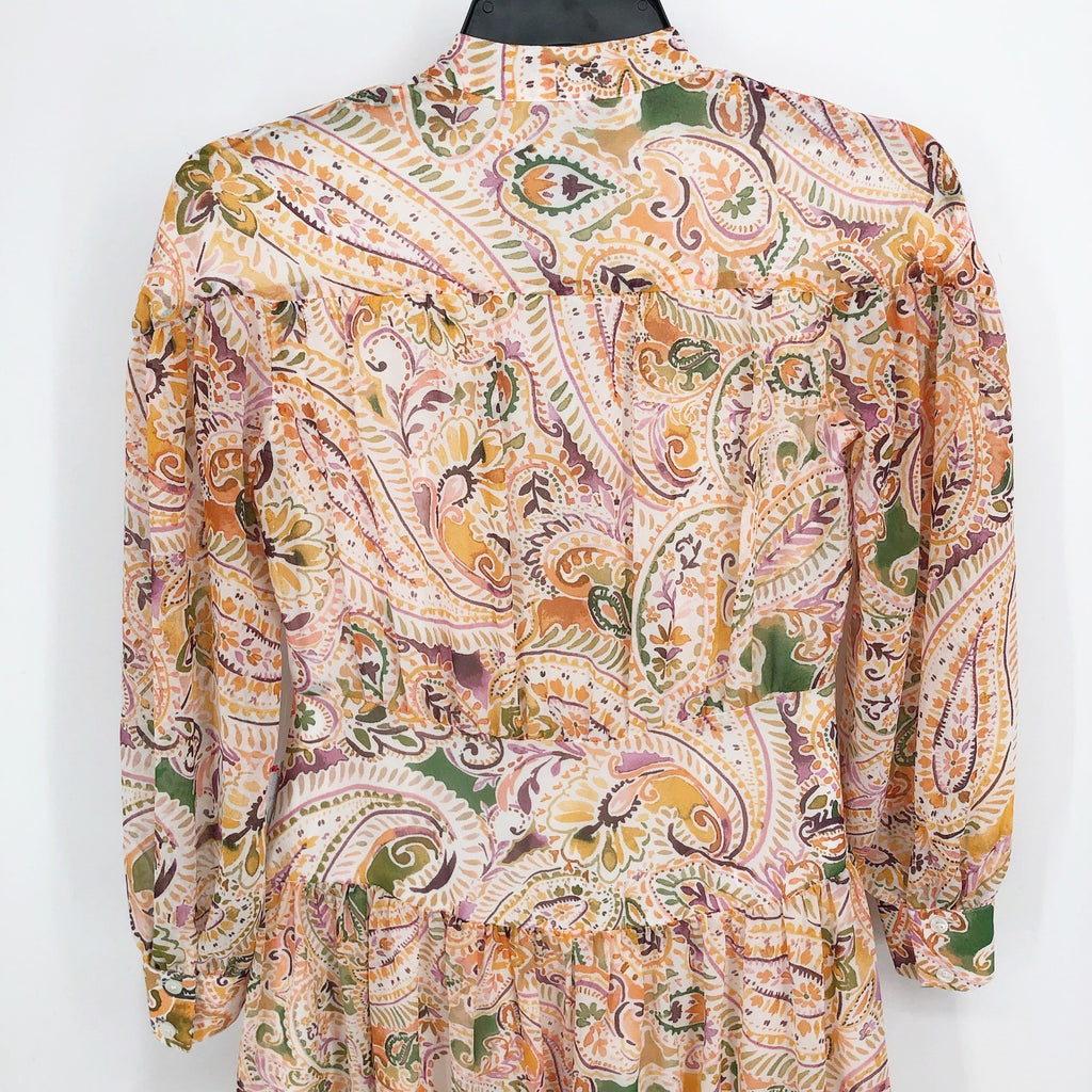 DONNA MORGAN Paisley Shirt Dress Size 0 Soft Yellow Long Sleeve Chiffon NWT