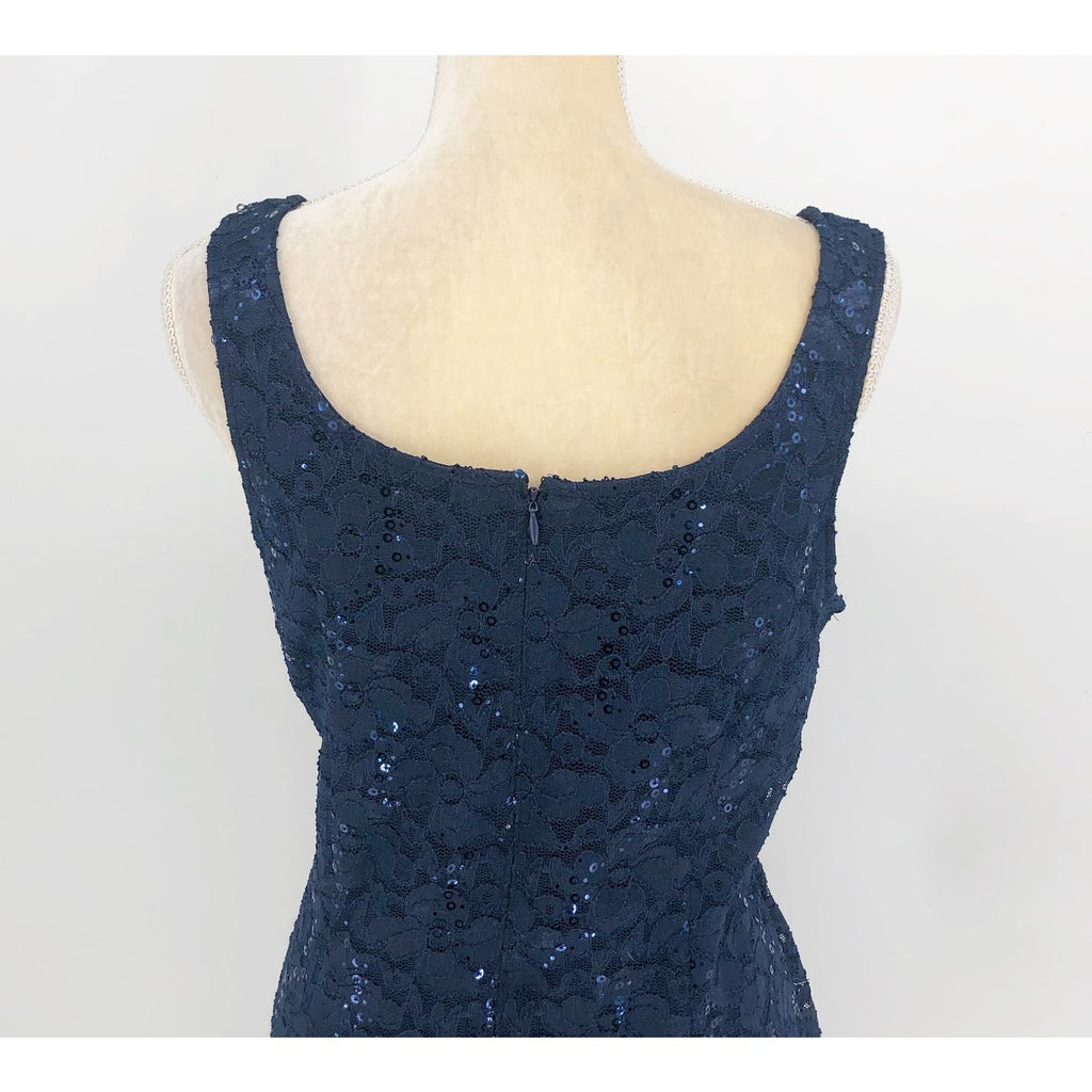 SLNY Sequined Lace Sheath Dress Size 12 Navy Blue Cocktail Sleeveless NWOT