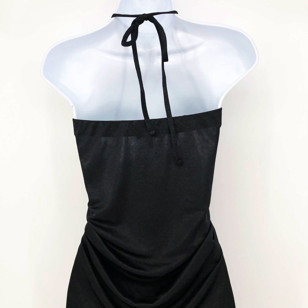 TOPSHOP Women's Bandeau Ruched Halter Midi Dress Black Size 4 Front Vent Slit