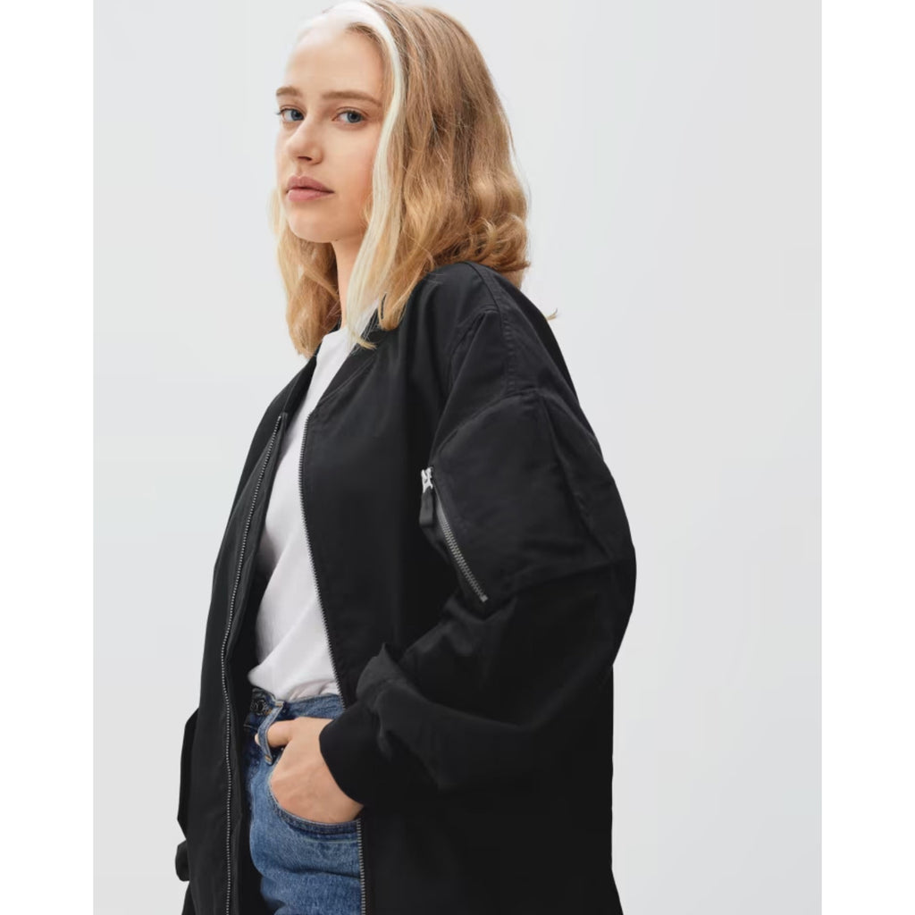 Everlane Womens Cotton Bomber Jacket XXS Black Oversized Zip Front NWT
