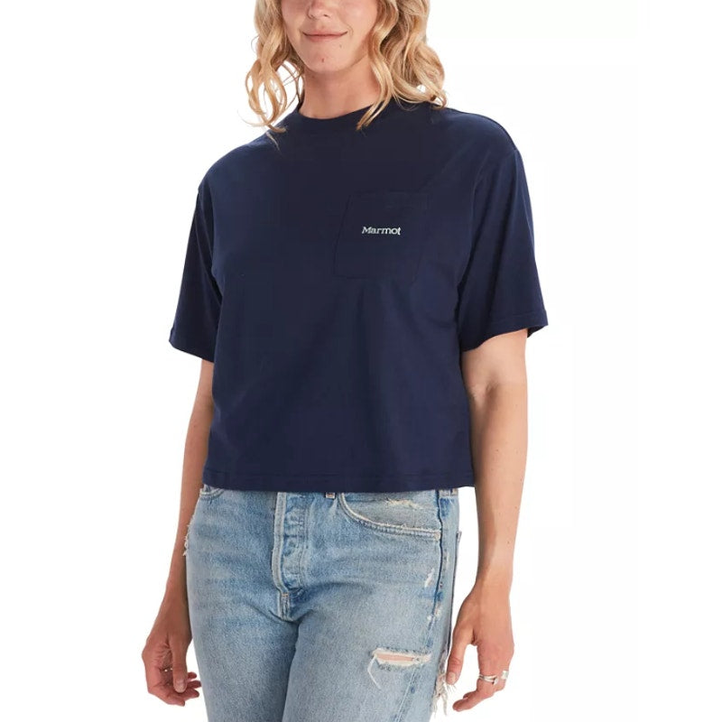 MARMOT Women's Boxy Logo Cotton Crop T-Shirt Large Blue Short Sleeve NWT