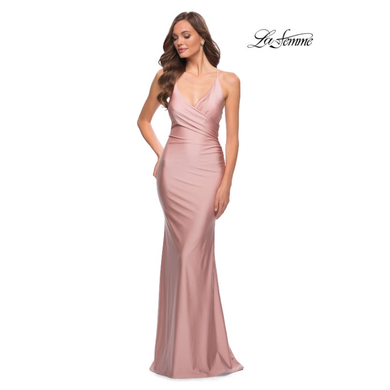 LA FEMME 29848 Jersey Long Gown 0 Pink Mauve Faux Wrap V Neck Prom Dress NWT