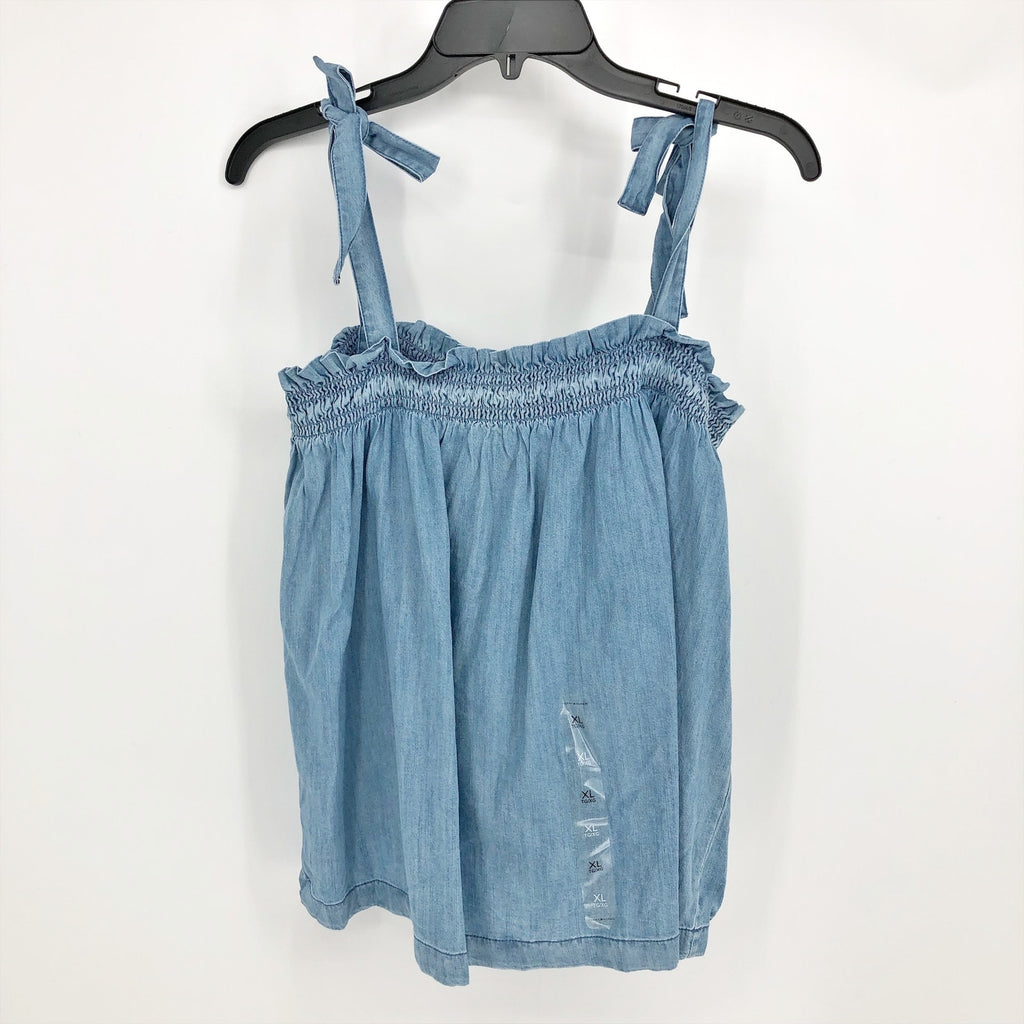 Tommy Hilfiger Womens Chambray Tank Top XL Blue Shoulder Tie Ruffle Smocking NWT