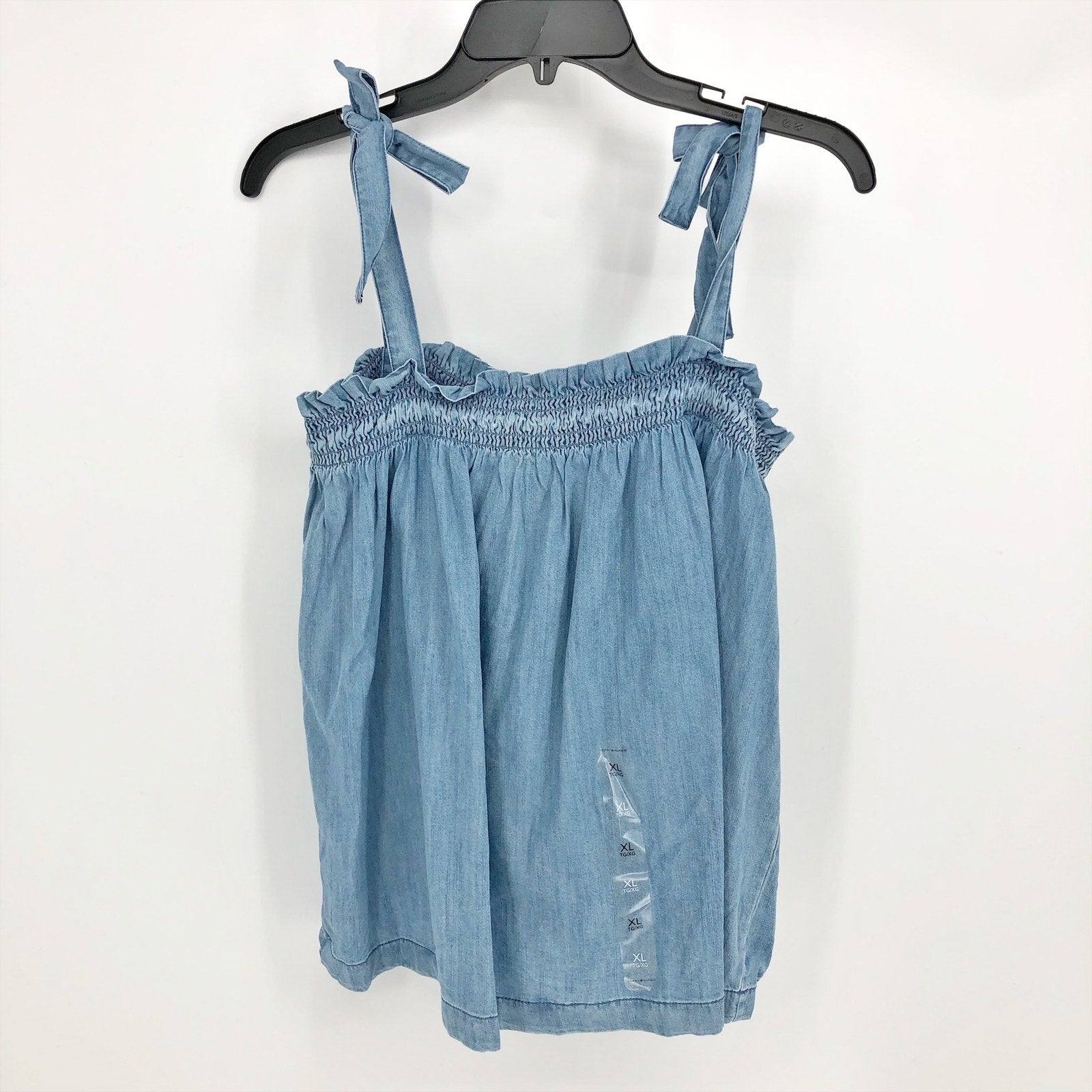 Tommy Hilfiger Womens Chambray Tank Top XL Blue Shoulder Tie Ruffle Smocking NWT