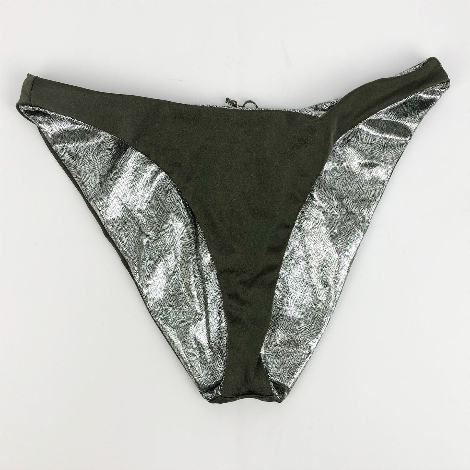 Good American Metallic Better Reversible Bikini Bottom Sz 2 Med Green Silver NWT