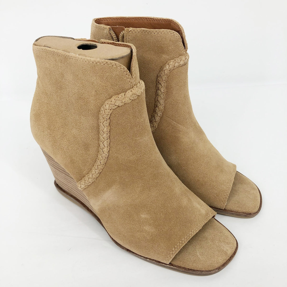Lucky Brand Womens Lureli Wedge Booties Size 7.5 Tan Peep Toe Suede NWOB