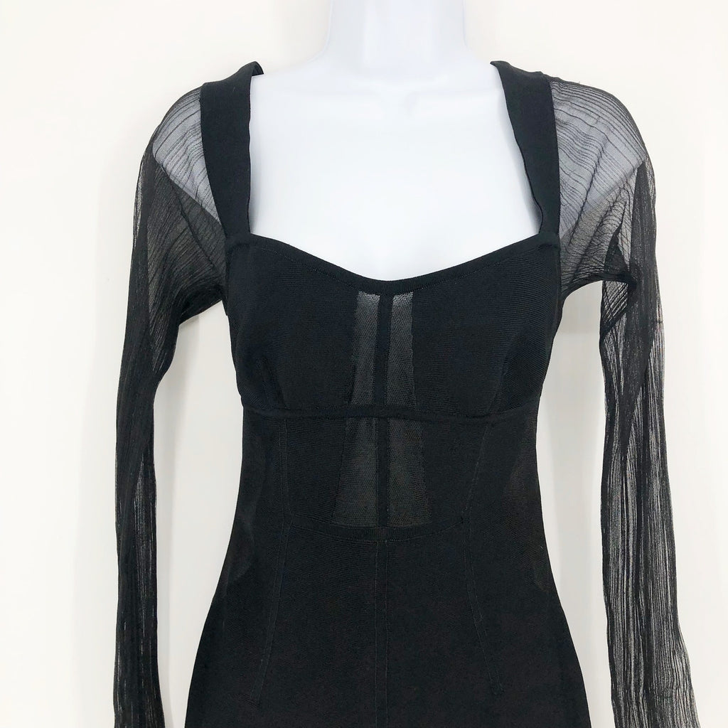HERVE LEGER PARIS Intarsia Bustier Mini Dress Large Black Sheer Sleeve NWT