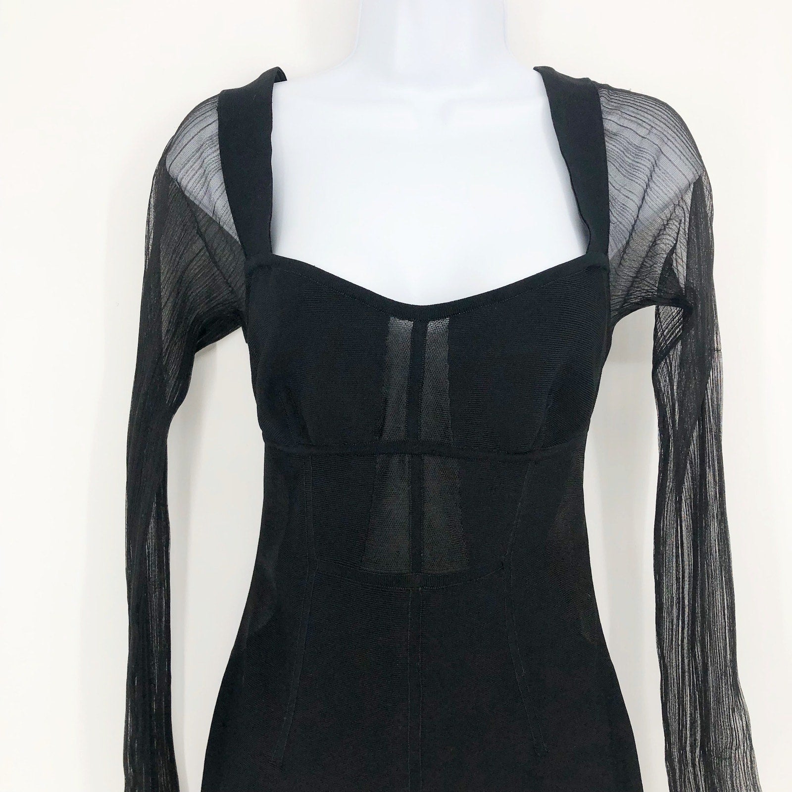 HERVE LEGER PARIS Intarsia Bustier Mini Dress Large Black Sheer Sleeve NWT