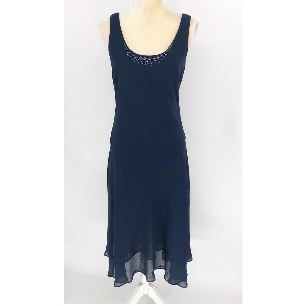SL Fashions 116184 Midi Dress 10 Navy Blue Embellished Cocktail Sleeveless NWOT