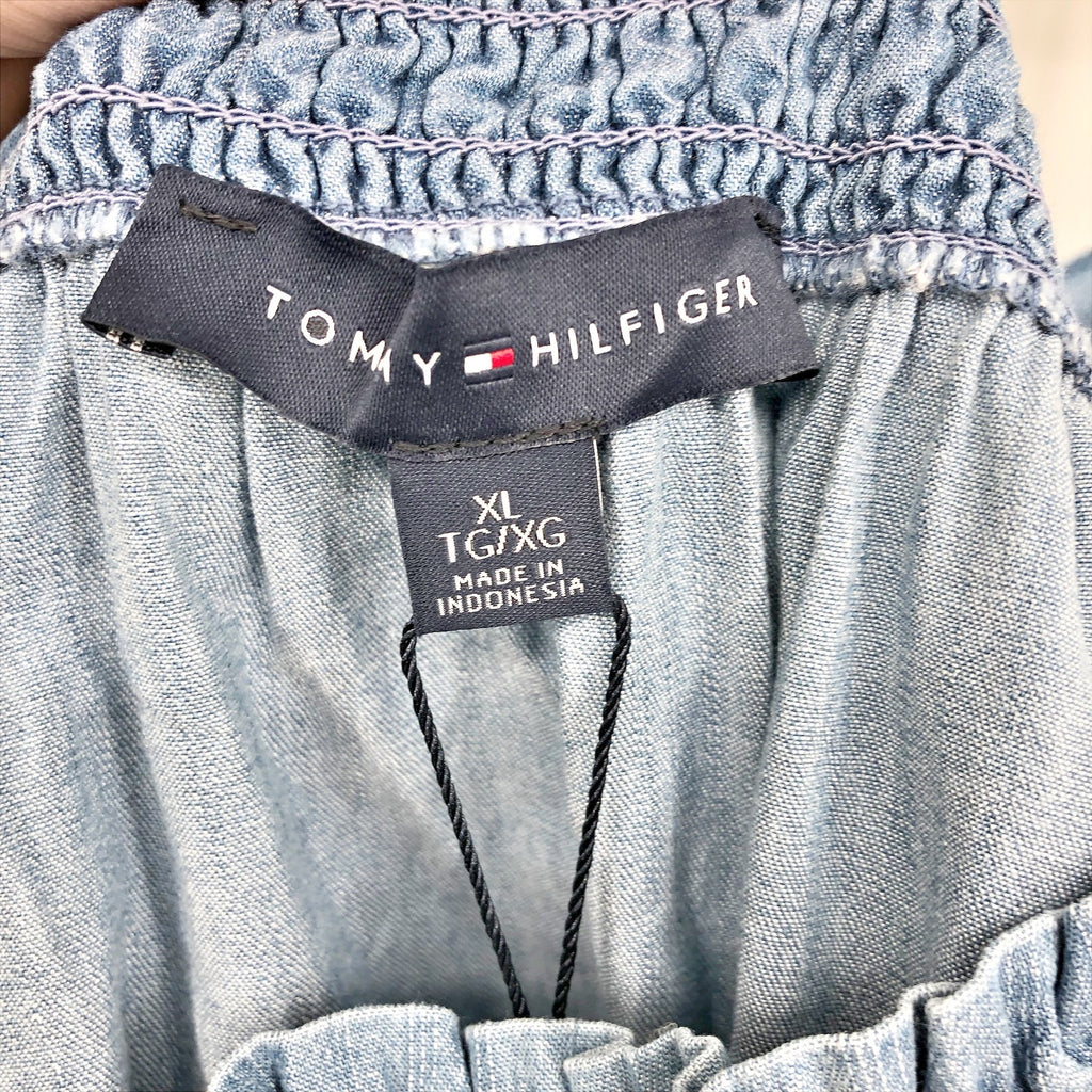 Tommy Hilfiger Womens Chambray Tank Top XL Blue Shoulder Tie Ruffle Smocking NWT