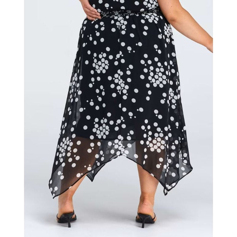 Estelle Womens Adele Spot Midi Skirt 2X Black White Handkerchief Hem NWT