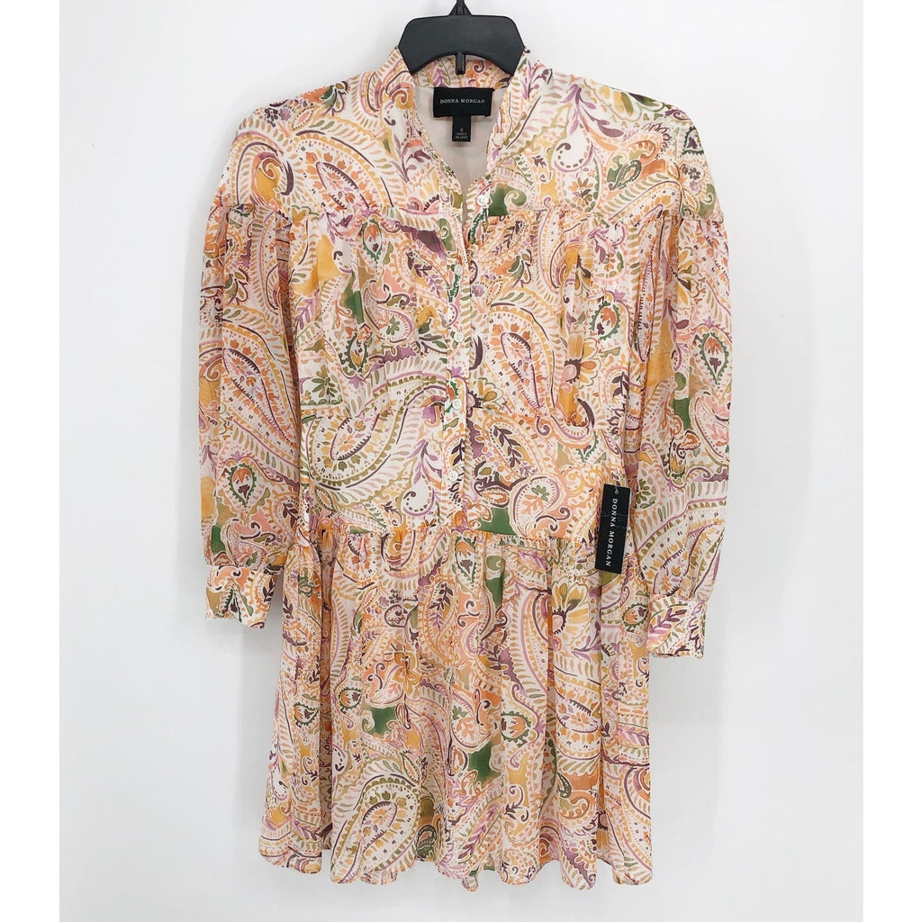 DONNA MORGAN Paisley Shirt Dress Size 0 Soft Yellow Long Sleeve Chiffon NWT