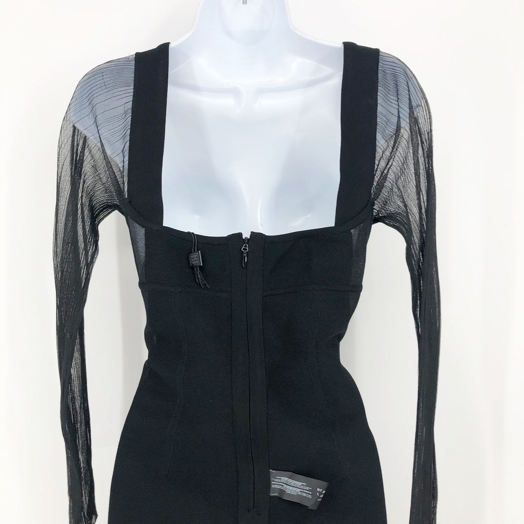 HERVE LEGER PARIS Intarsia Bustier Mini Dress Large Black Sheer Sleeve NWT