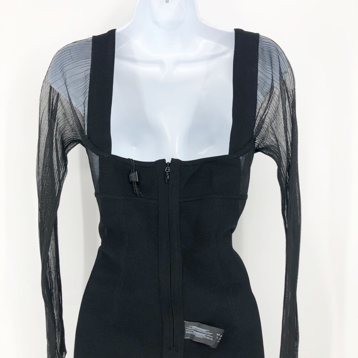 HERVE LEGER PARIS Intarsia Bustier Mini Dress Large Black Sheer Sleeve NWT
