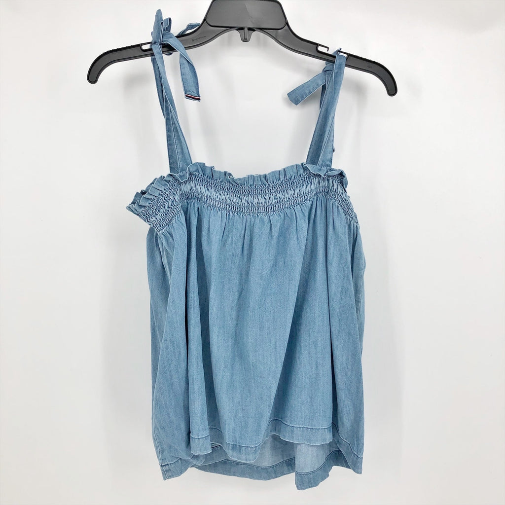 Tommy Hilfiger Womens Chambray Tank Top XL Blue Shoulder Tie Ruffle Smocking NWT