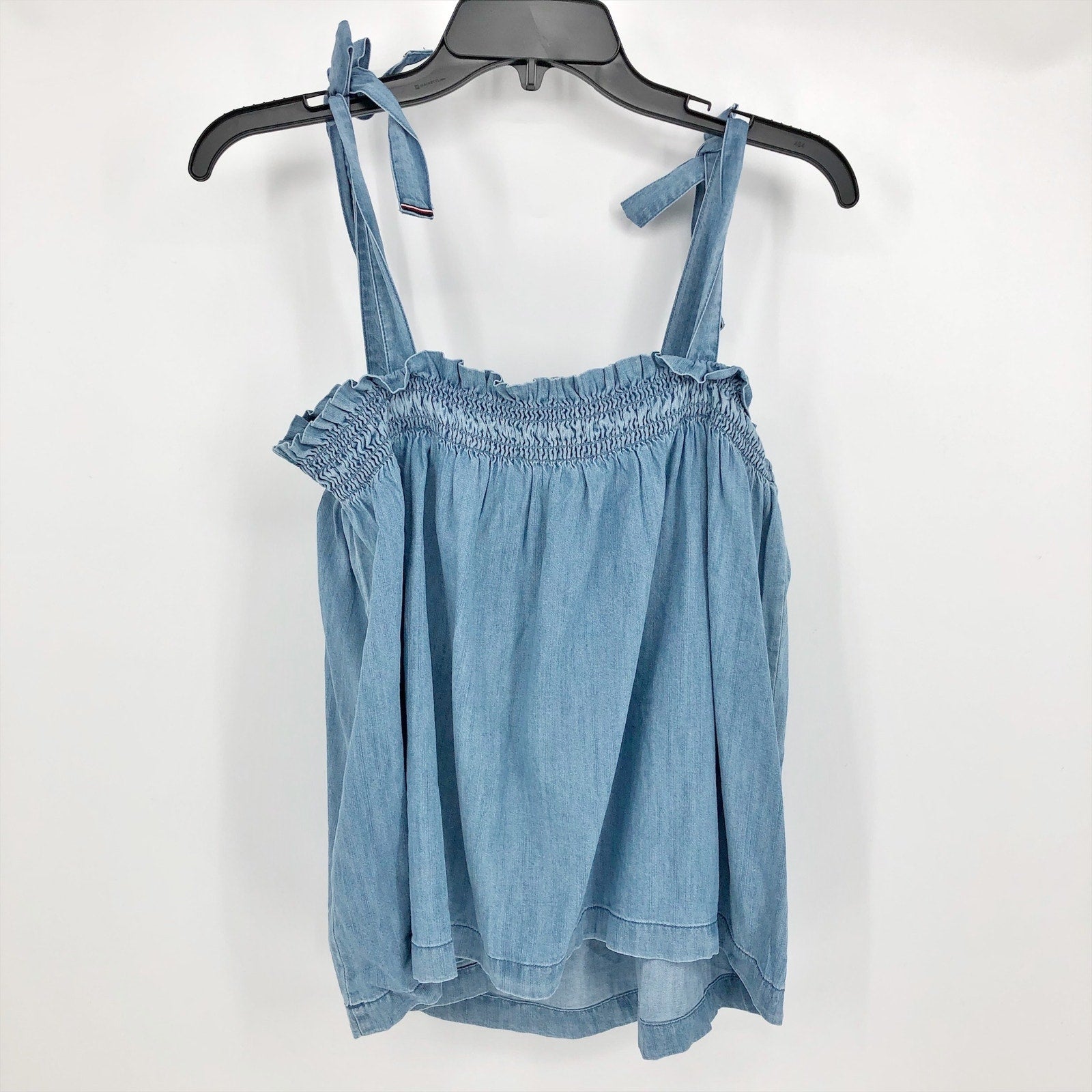 Tommy Hilfiger Womens Chambray Tank Top XL Blue Shoulder Tie Ruffle Smocking NWT