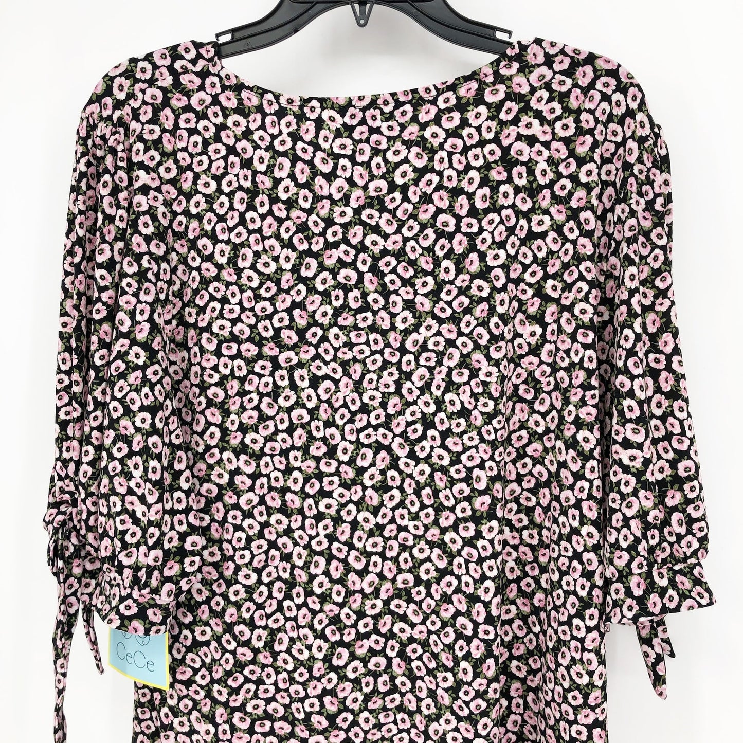 Cece Womens Floral V Neck Blouse Top XL Pink Black Tie Sleeve Pullover NWT
