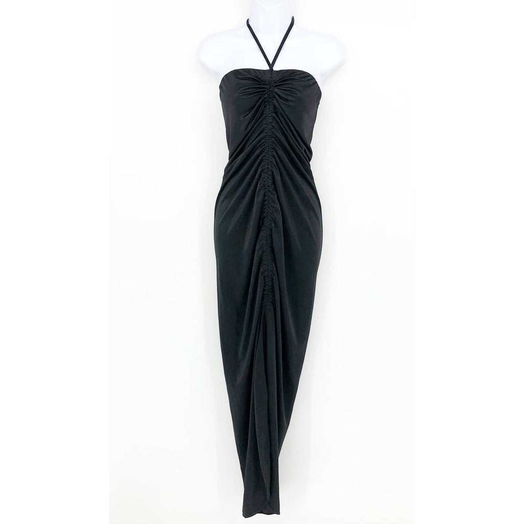 TOPSHOP Women's Bandeau Ruched Halter Midi Dress Black Size 4 Front Vent Slit