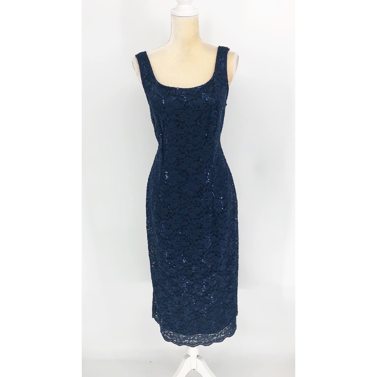 SLNY Sequined Lace Sheath Dress Size 12 Navy Blue Cocktail Sleeveless NWOT