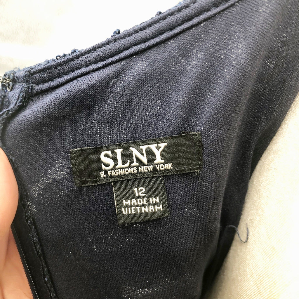 SLNY Sequined Lace Sheath Dress Size 12 Navy Blue Cocktail Sleeveless NWOT