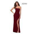 La Femme 29489 Ruched Long Gown Dress 00 Maroon Red Strapless High Slit NWOT
