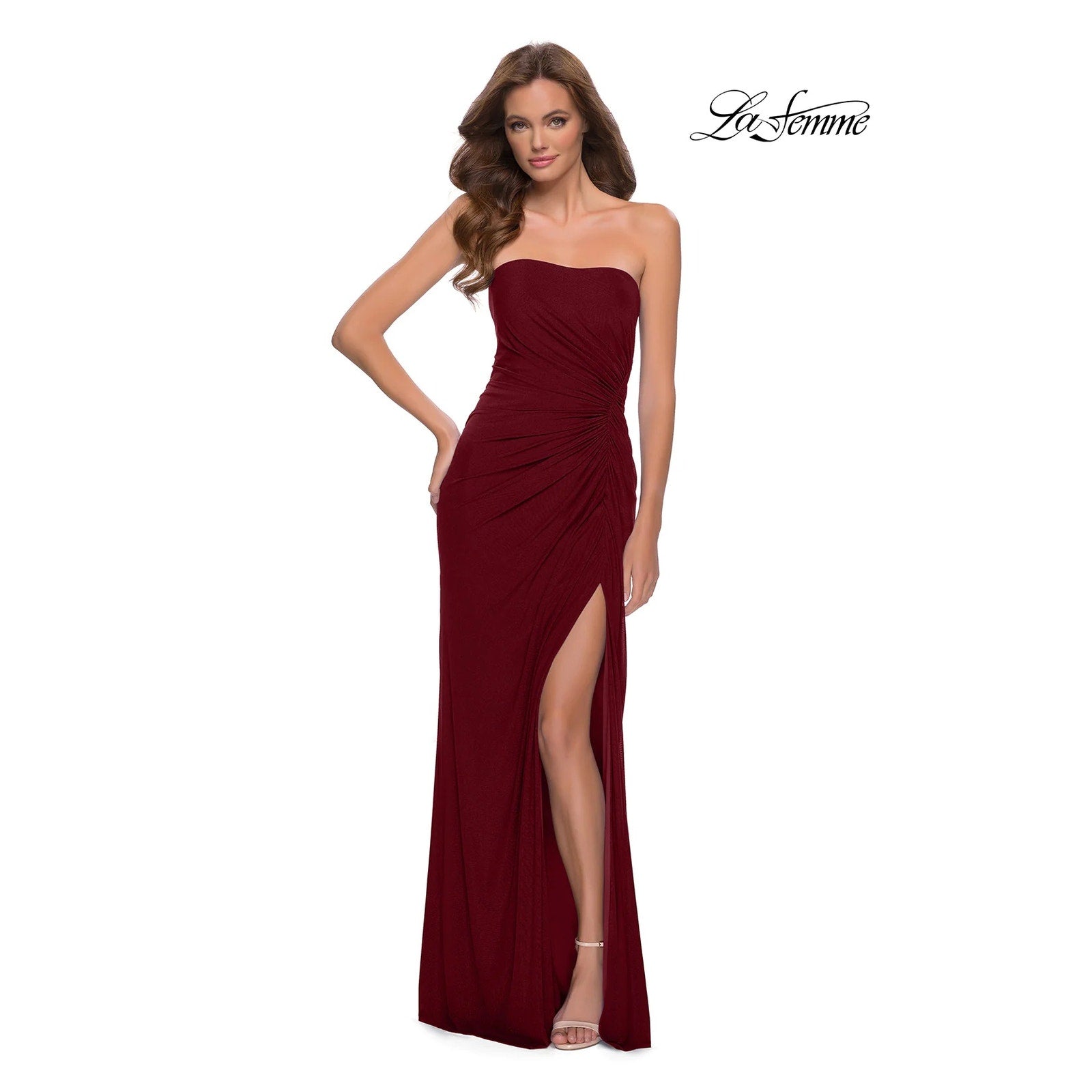 La Femme 29489 Ruched Long Gown Dress 00 Maroon Red Strapless High Slit NWOT