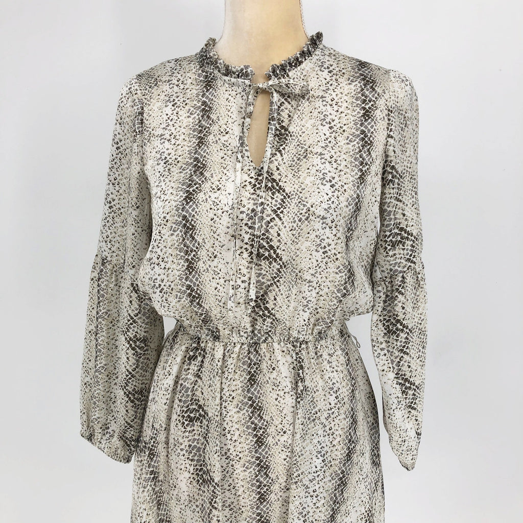 Gibson Womens Dress XS Grey Snake Print Blouson Ruffle Trim Keyhole Mini NWT