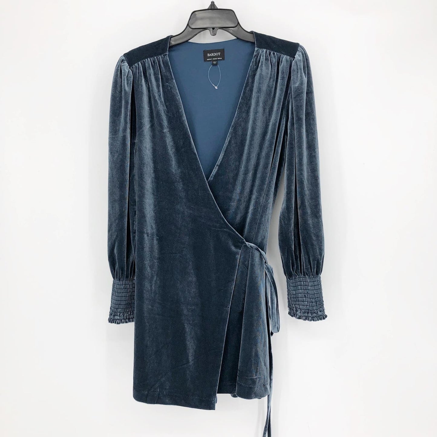 BARDOT Womens Bernie Wrap Mini Dress US 4 XS Blue Velour Long Sleeve NWOT