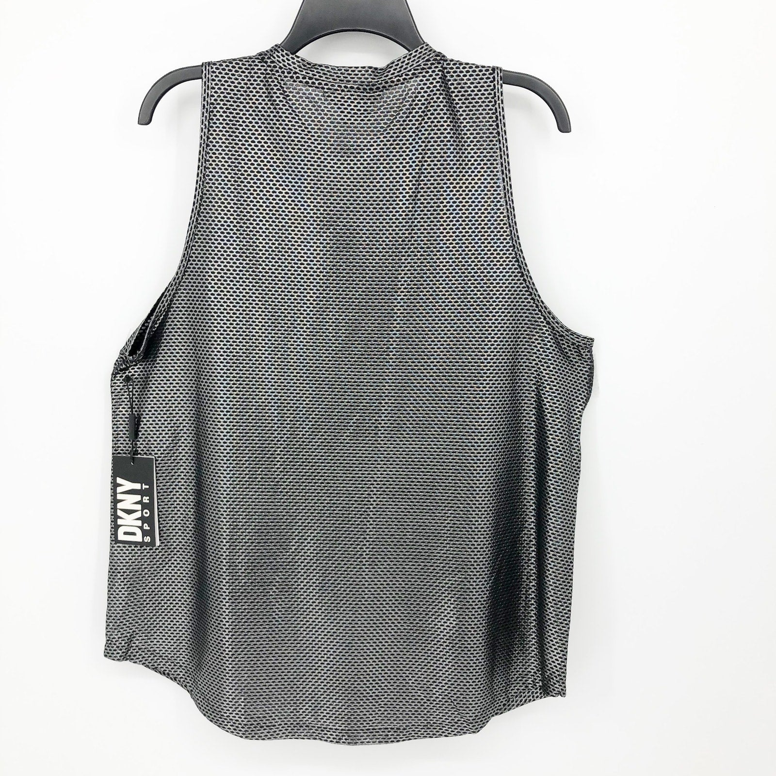 DKNY Sport Womens Honeycomb Mesh Sleeveless Top Large Silver Black NWT