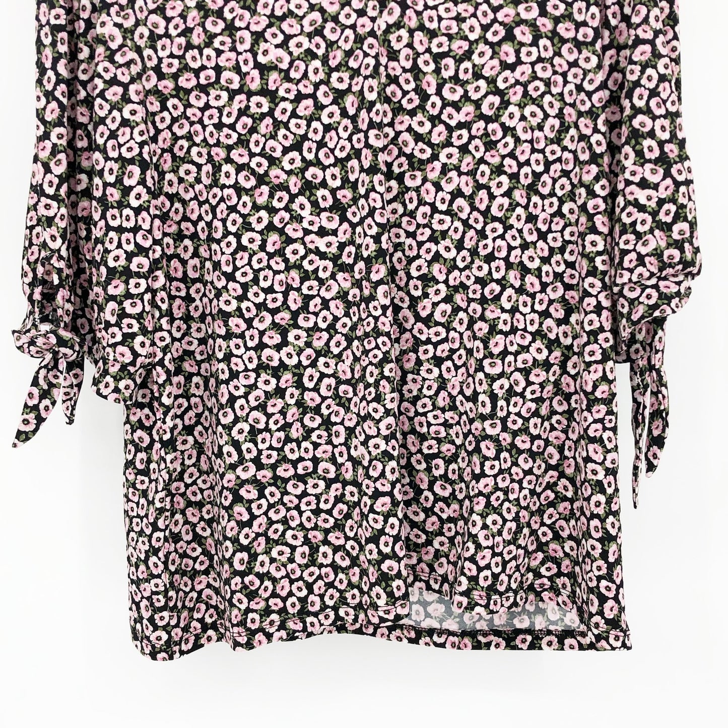 Cece Womens Floral V Neck Blouse Top XL Pink Black Tie Sleeve Pullover NWT