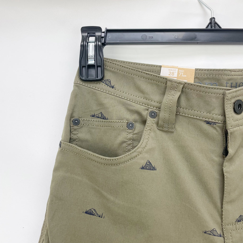 prAna Mens Brion Shorts Size 28 Slate Green Mountain Print 11 inch Inseam NWT