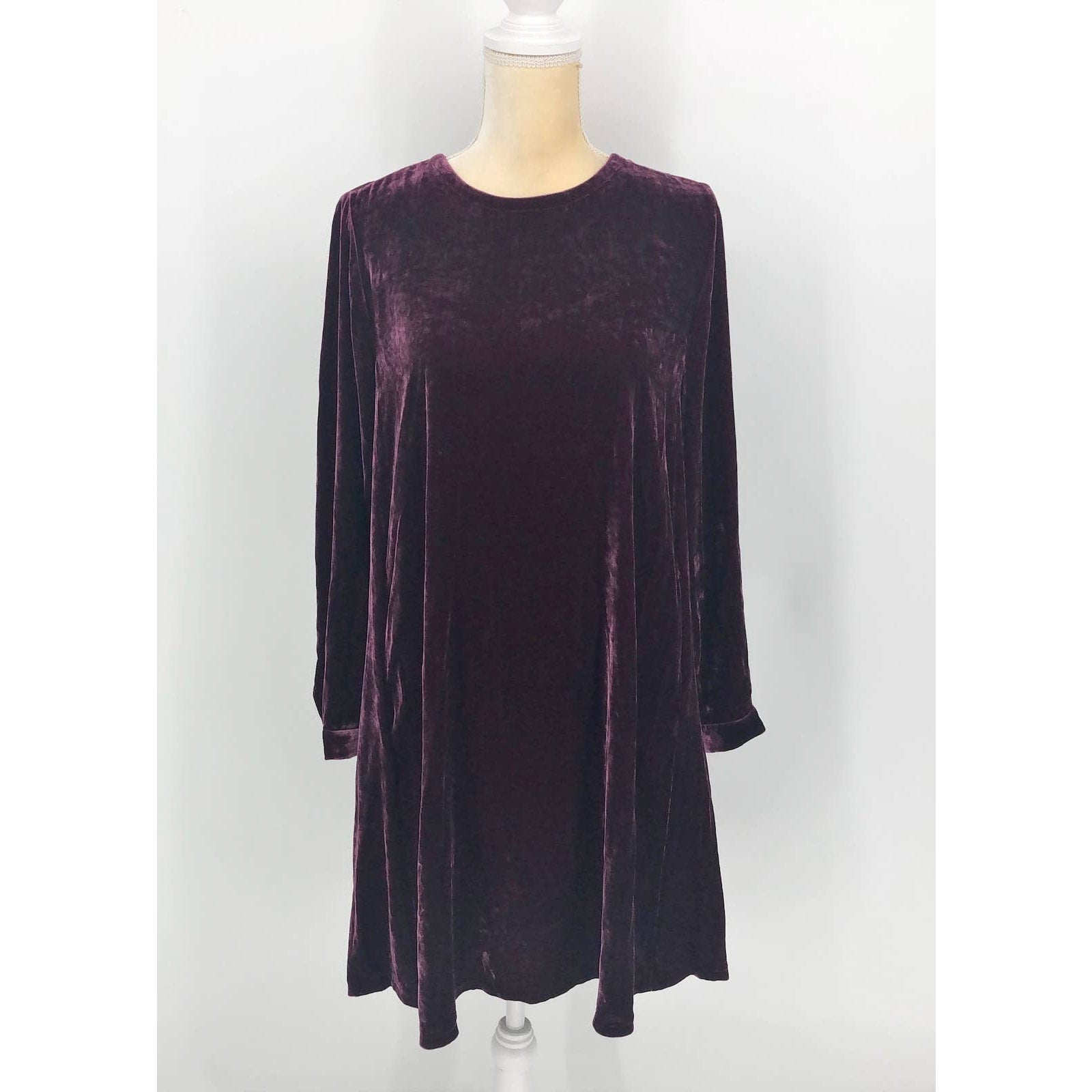 EILEEN FISHER Velvet Mini Shift Dress XXS Purple Plum Long Sleeve NWOT $348