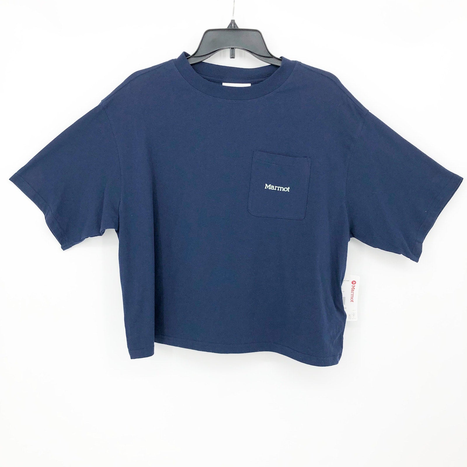 MARMOT Women's Boxy Logo Cotton Crop T-Shirt Large Blue Short Sleeve NWT