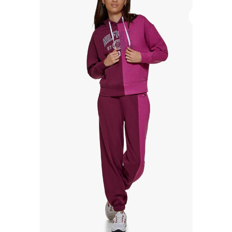 TOMMY HILFIGER SPORT Women's Colorblock Split Logo Hoodie XL Purple Crewneck NWT