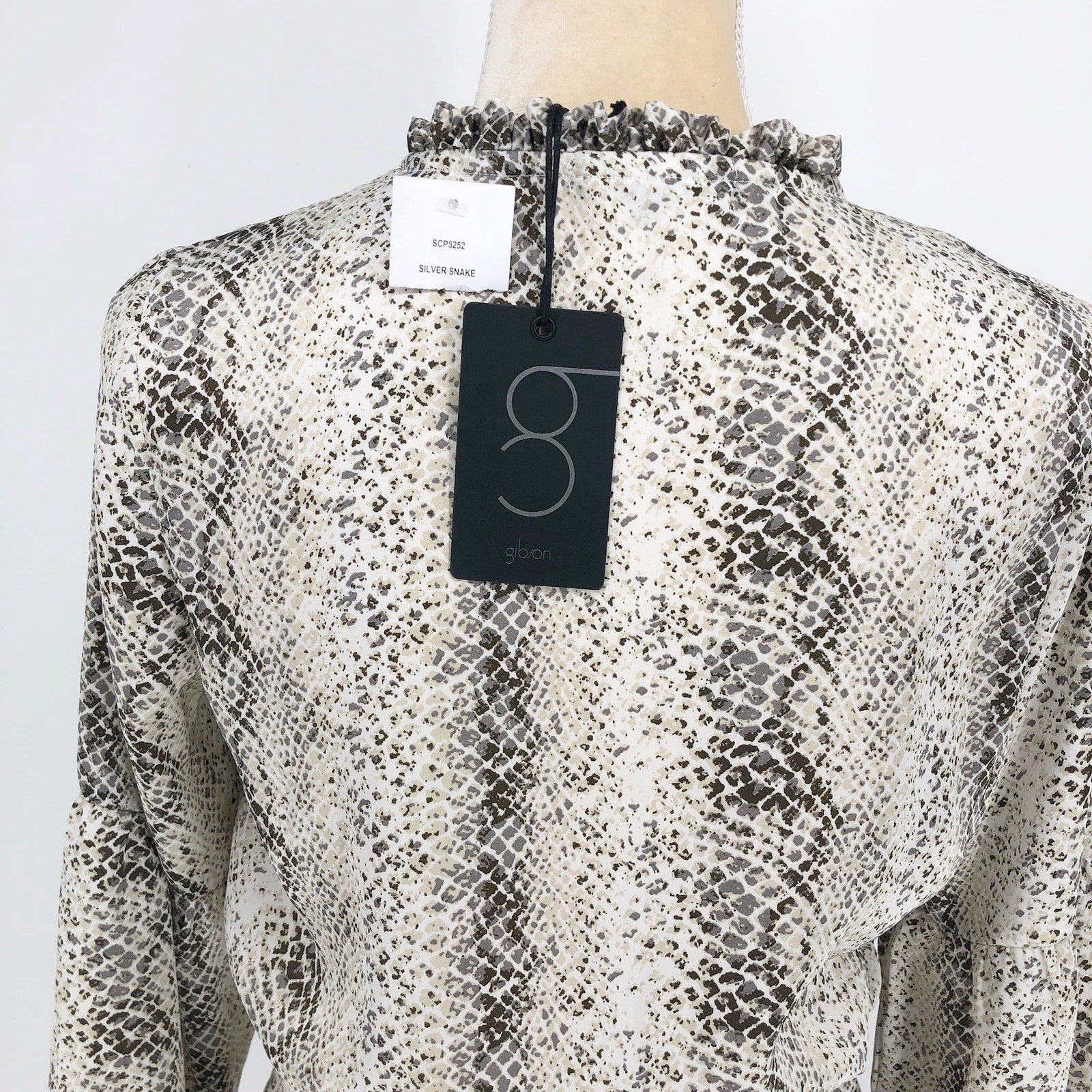 Gibson Womens Dress XS Grey Snake Print Blouson Ruffle Trim Keyhole Mini NWT