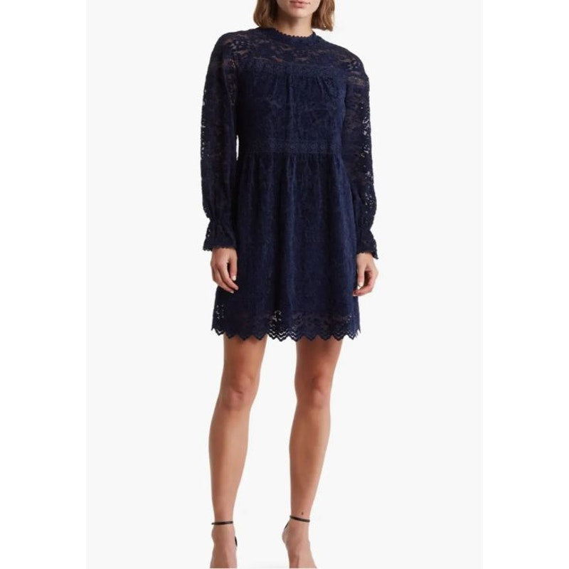 Tahari ASL Womens Chenile Lace Dress SIZE 4 Blue Long Sleeve Mock Neck NWT