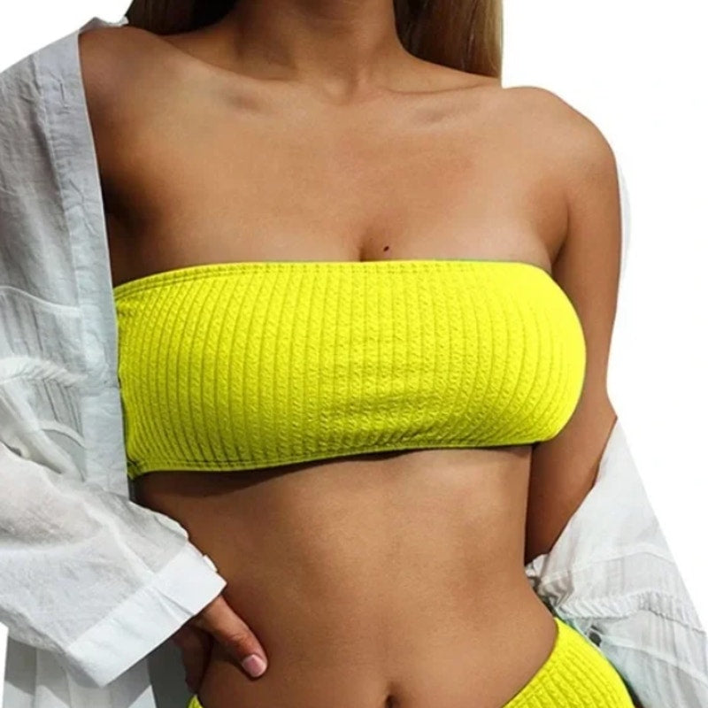 Good American Always Fits Bandeau Bikini Top 1/2 S-M Electric Yellow Swim NWT