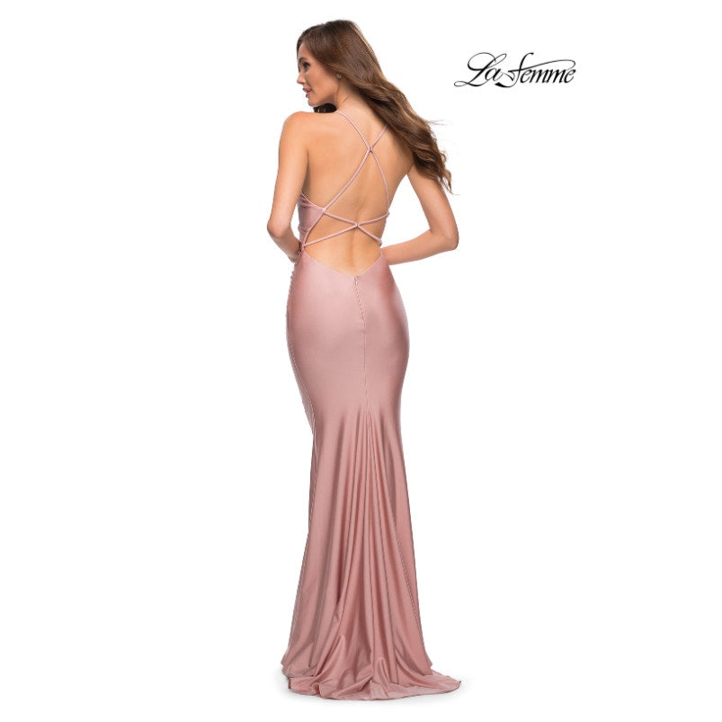 LA FEMME 29848 Jersey Long Gown 0 Pink Mauve Faux Wrap V Neck Prom Dress NWT