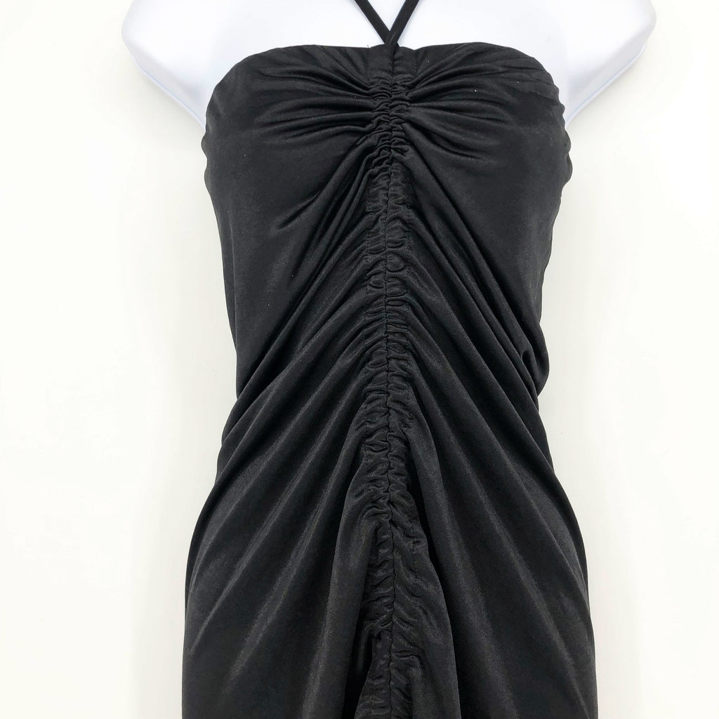 TOPSHOP Women's Bandeau Ruched Halter Midi Dress Black Size 4 Front Vent Slit