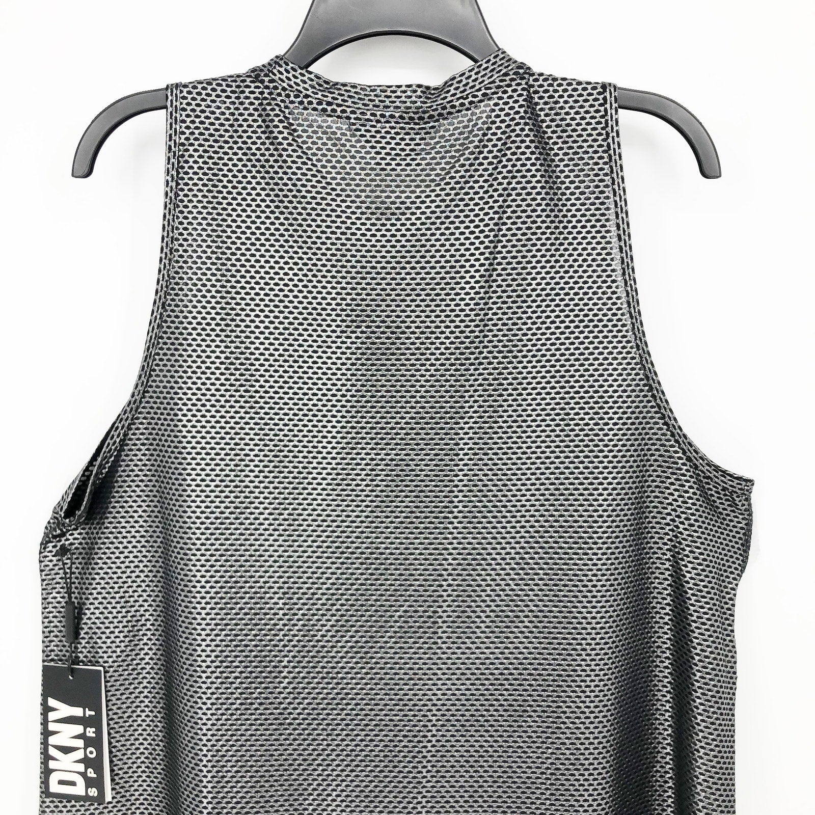 DKNY Sport Womens Honeycomb Mesh Sleeveless Top Large Silver Black NWT