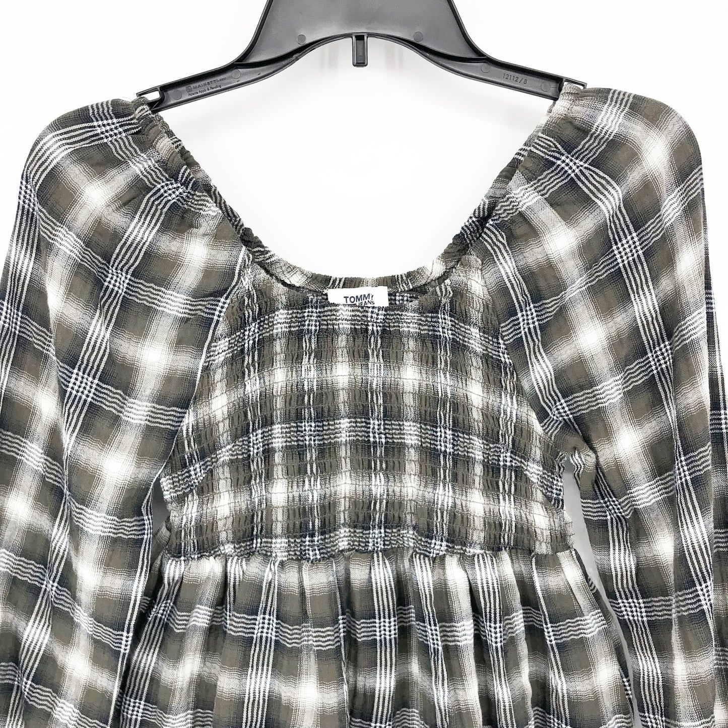 TOMMY JEANS Women's Plaid Peplum Top XS Green Thyme 3/4 Sleeve NWT