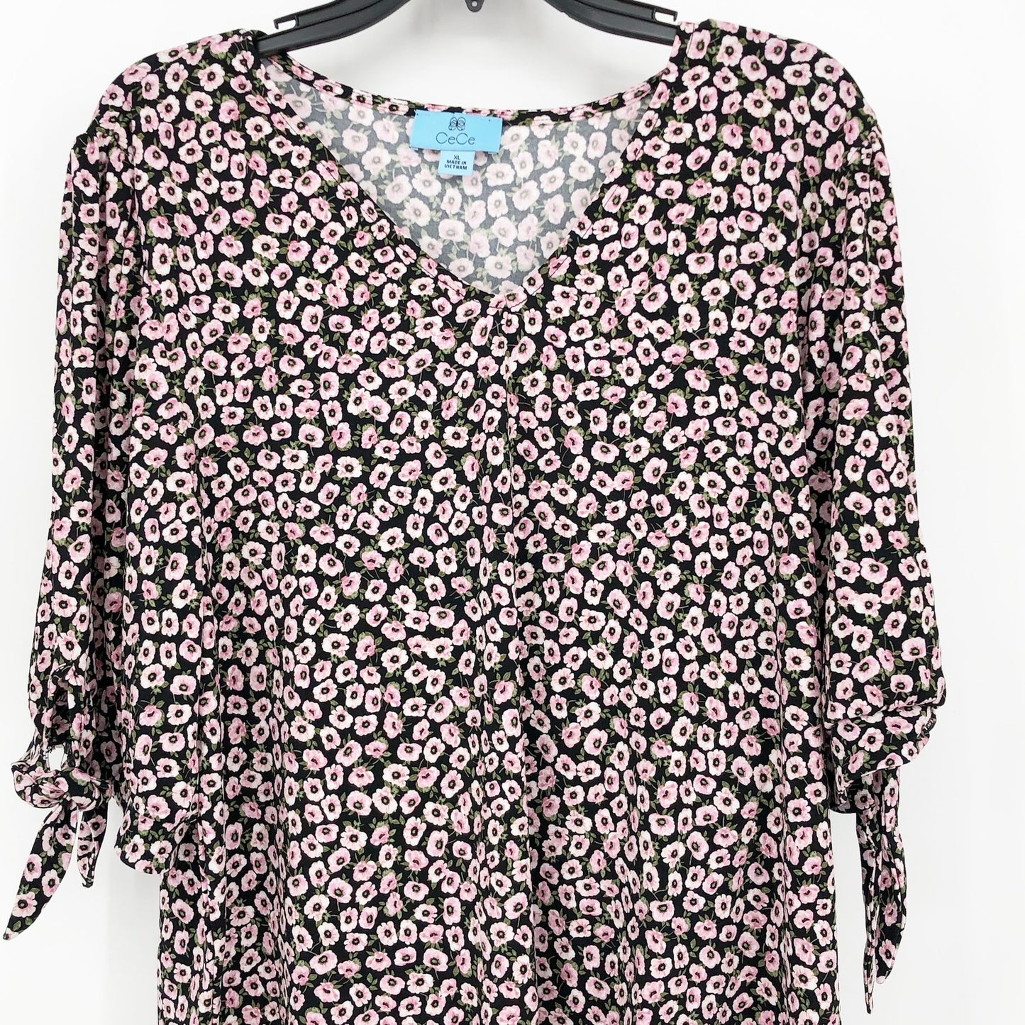 Cece Womens Floral V Neck Blouse Top XL Pink Black Tie Sleeve Pullover NWT