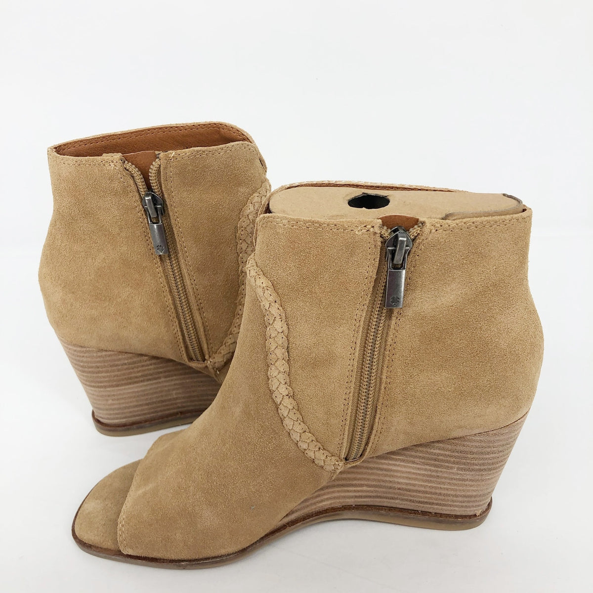 Lucky Brand Womens Lureli Wedge Booties Size 7.5 Tan Peep Toe Suede NWOB