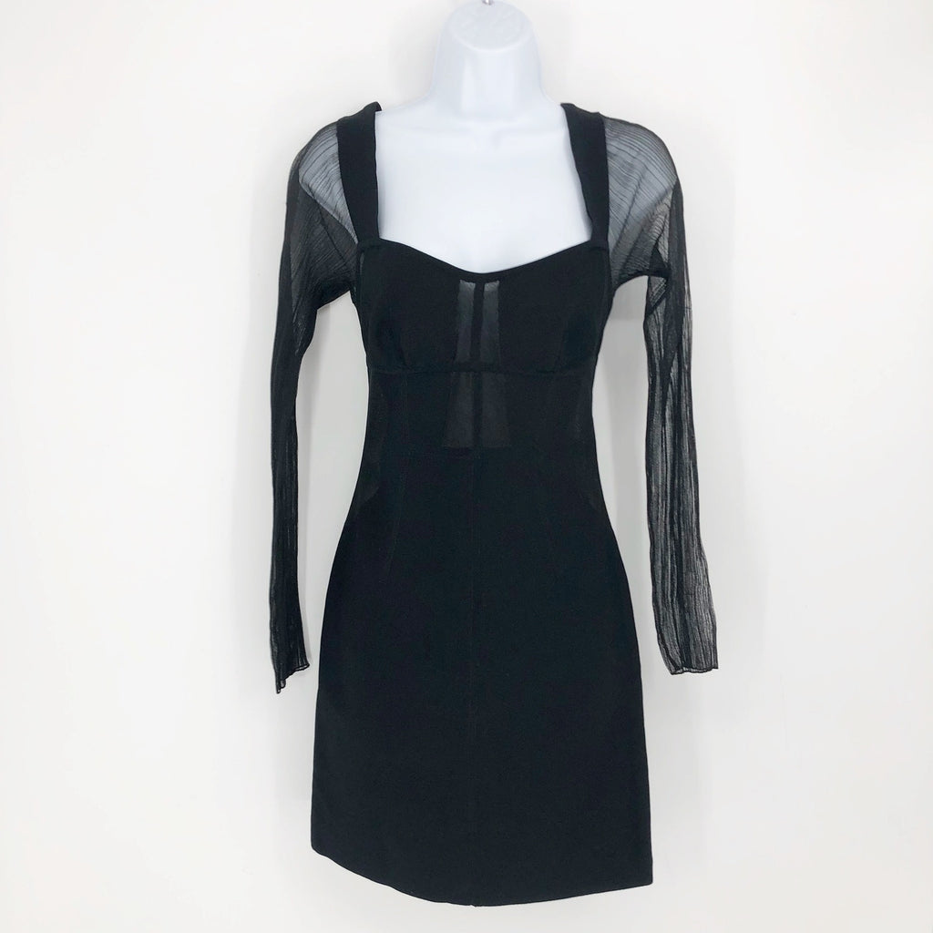 HERVE LEGER PARIS Intarsia Bustier Mini Dress Large Black Sheer Sleeve NWT