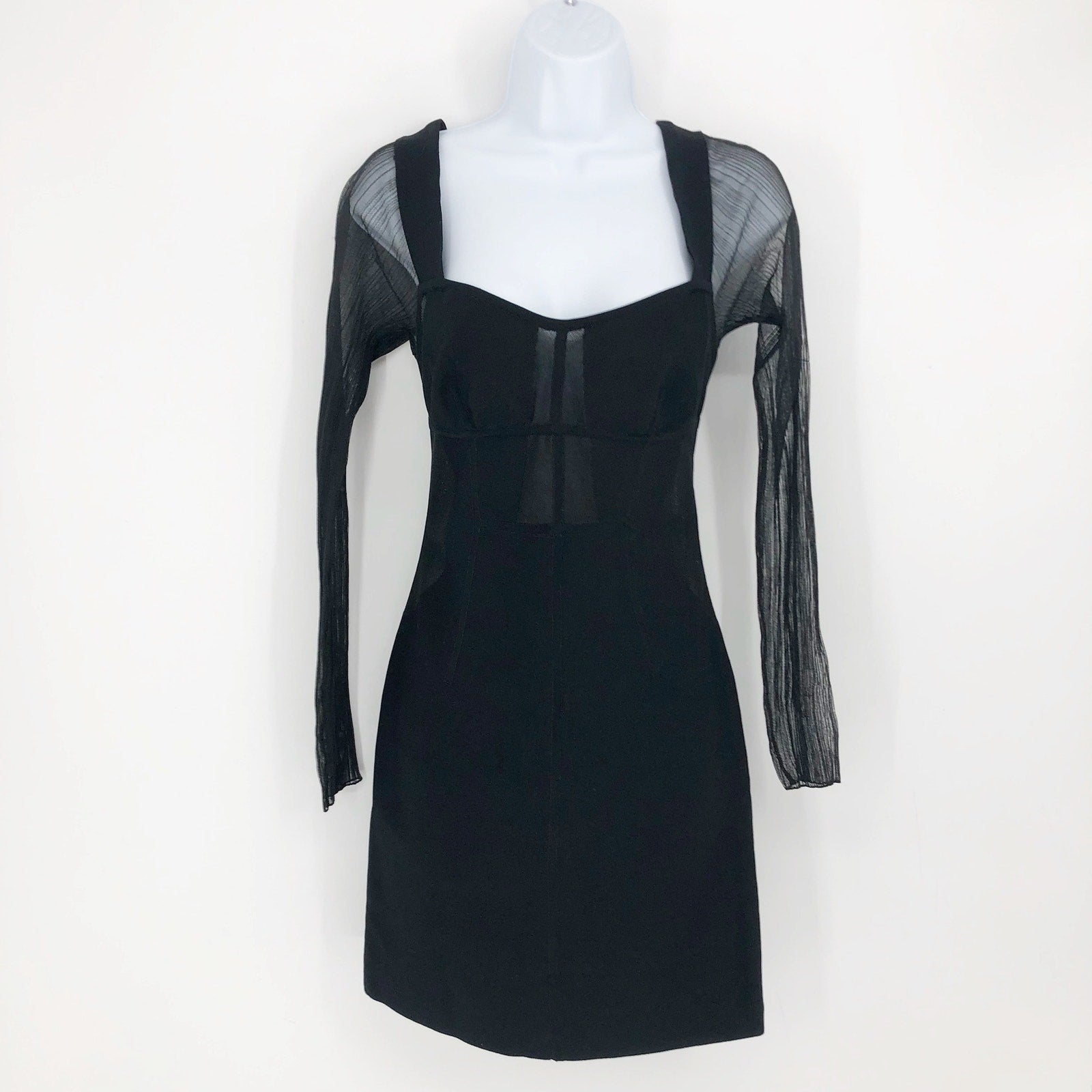 HERVE LEGER PARIS Intarsia Bustier Mini Dress Large Black Sheer Sleeve NWT
