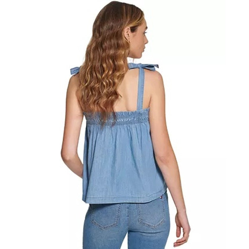 Tommy Hilfiger Womens Chambray Tank Top XL Blue Shoulder Tie Ruffle Smocking NWT