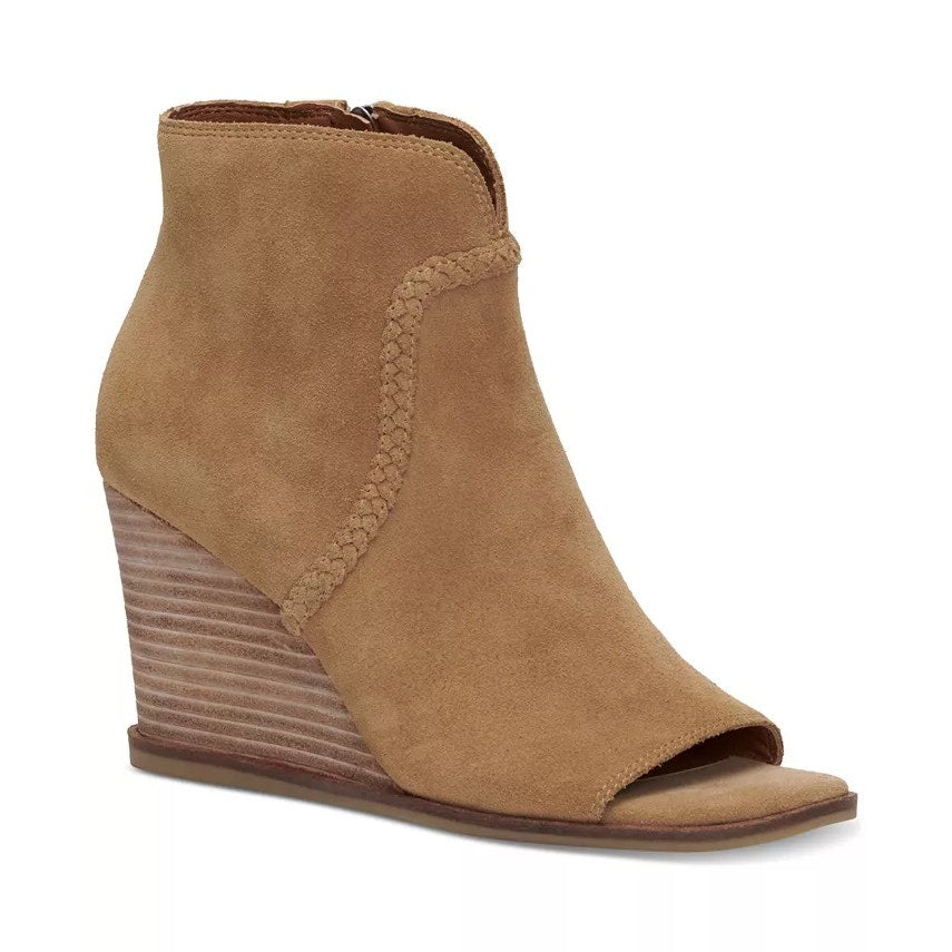 Lucky Brand Womens Lureli Wedge Booties Size 7.5 Tan Peep Toe Suede NWOB