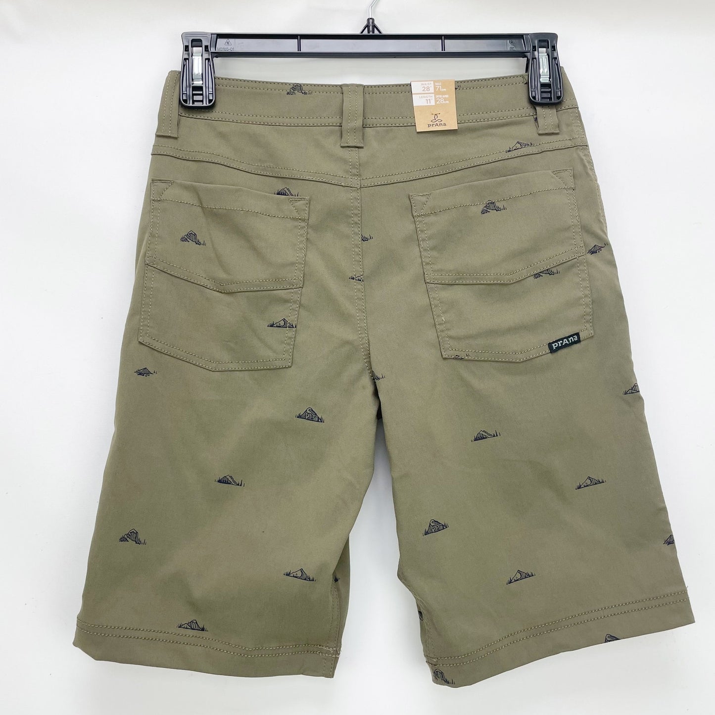 prAna Mens Brion Shorts Size 28 Slate Green Mountain Print 11 inch Inseam