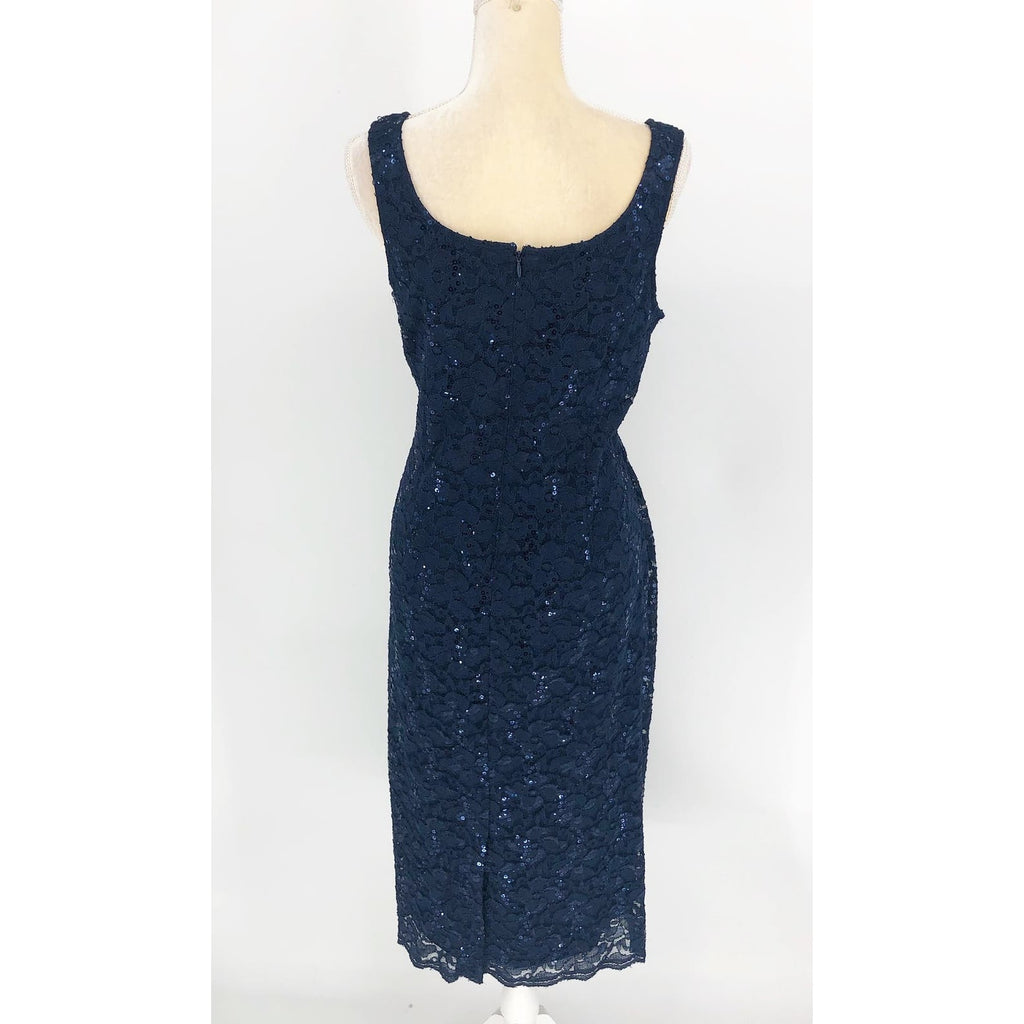 SLNY Sequined Lace Sheath Dress Size 12 Navy Blue Cocktail Sleeveless NWOT